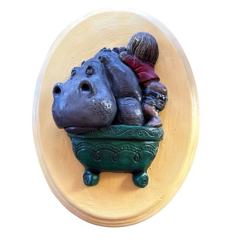 Vtg Whimsical 3D Wall Plaque Child Washing Hippo Bath Nursery Bathroom Decor